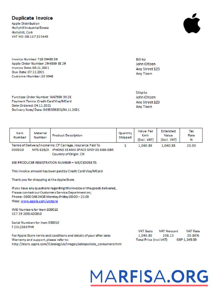 Downloadable USA Apple invoice example